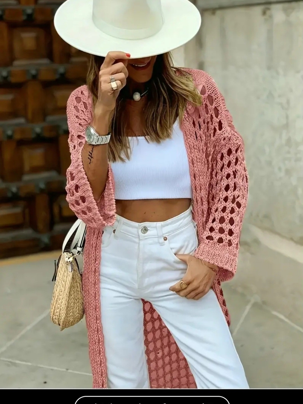 Open-Knit Longline Cardigan in Dusty Rose